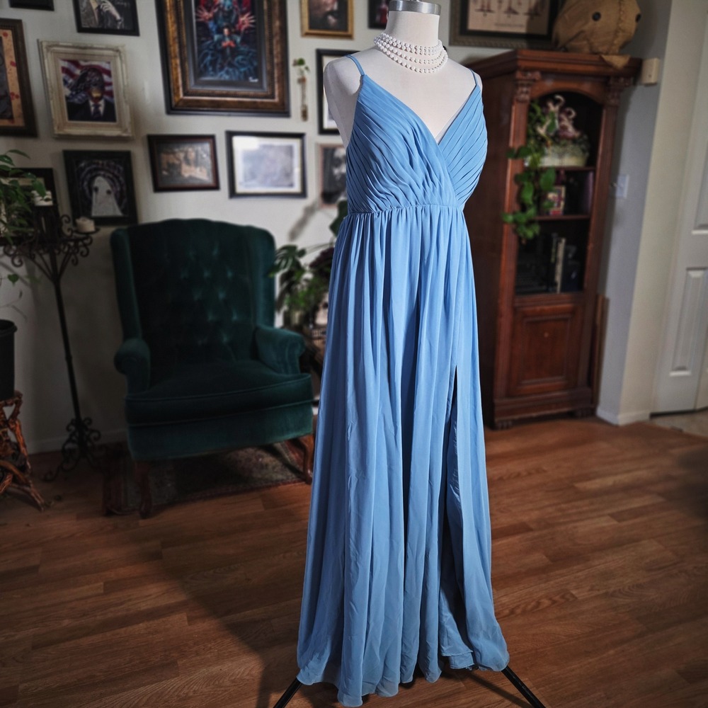 Azazie Dusty‎ Blue Chiffon Maxi Dress Pleated V-Neck Tie Back Formal Gown Slit